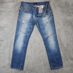 Vintage Emporio Armani Jeans Mens 32x30 Blue Button Fly Distressed Made in Italy